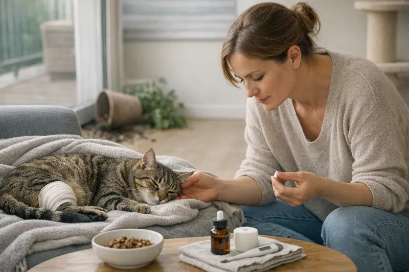 Katze sitzt am Fenster und schaut nach draußen während der Halter im Urlaub ist.