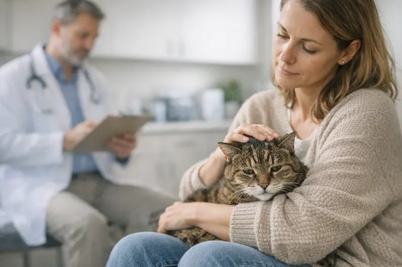 Alter Kater mit eventuell kognitiven Veränderungen Ein älterer Kater mit Anzeichen von kognitiven Veränderungen, der auf einem gemütlichen Platz sitzt.