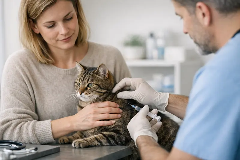 Eine Katze beim Tierarzt, die eine Impfung erhält.