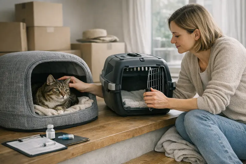 Katze im sicheren Transport während des Umzugs Eine Katze in einer sicheren Transportbox, bereit für den Umzug.