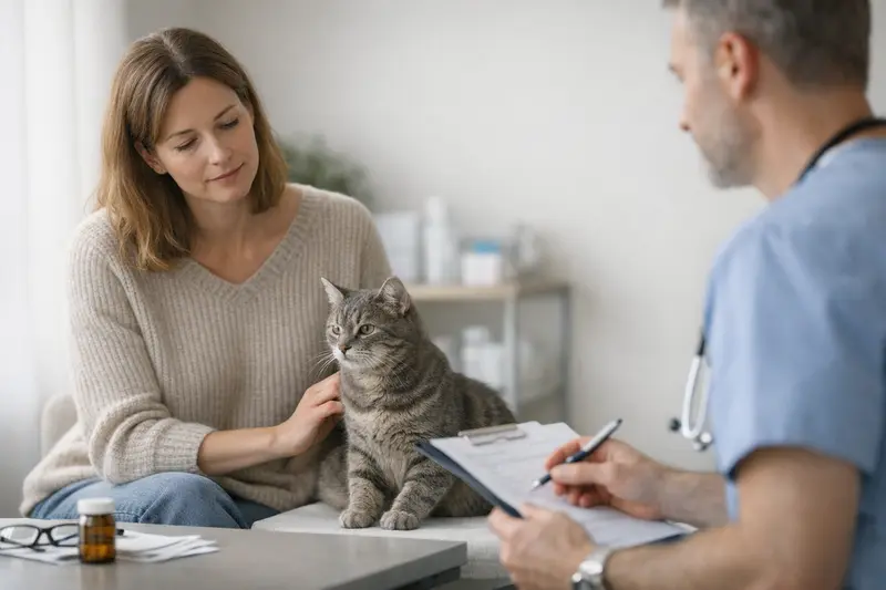 Wichtige Tarifdetails bei Katzenversicherungen Eine Katze beim Tierarzt, die für eine Untersuchung vorbereitet wird und dabei die Bedeutung der Tarifdetails für Katzenbesitzer verdeutlicht.