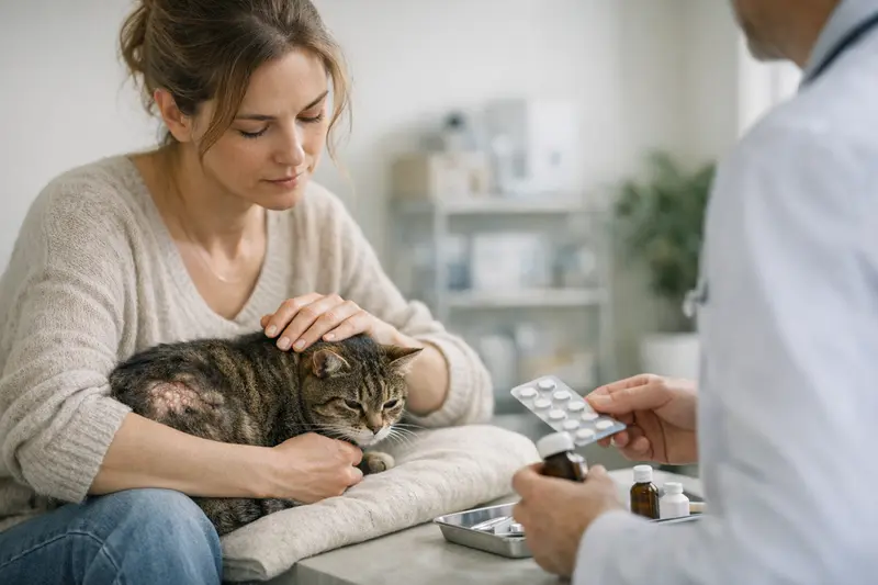 Eine Katze wird vom Tierarzt untersucht, um Hautprobleme festzustellen.