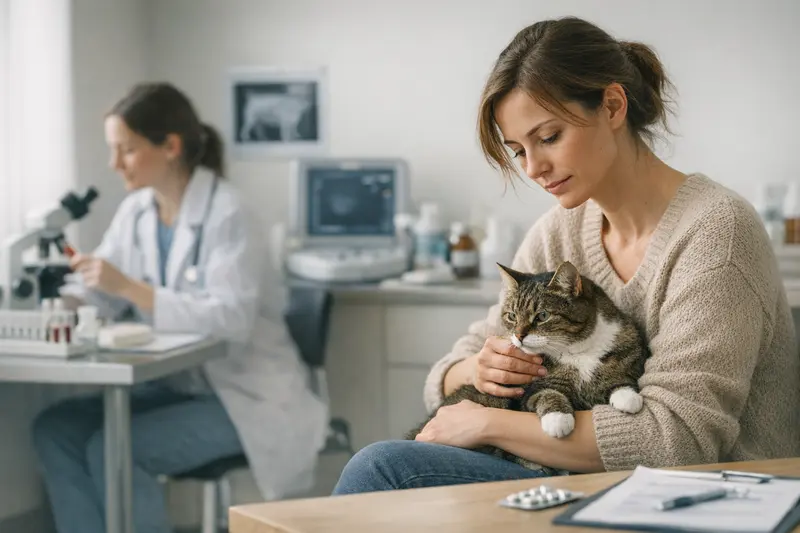Hautprobleme bei Katzen und deren Behandlung Tierarztuntersuchung einer Katze mit Hautproblemen