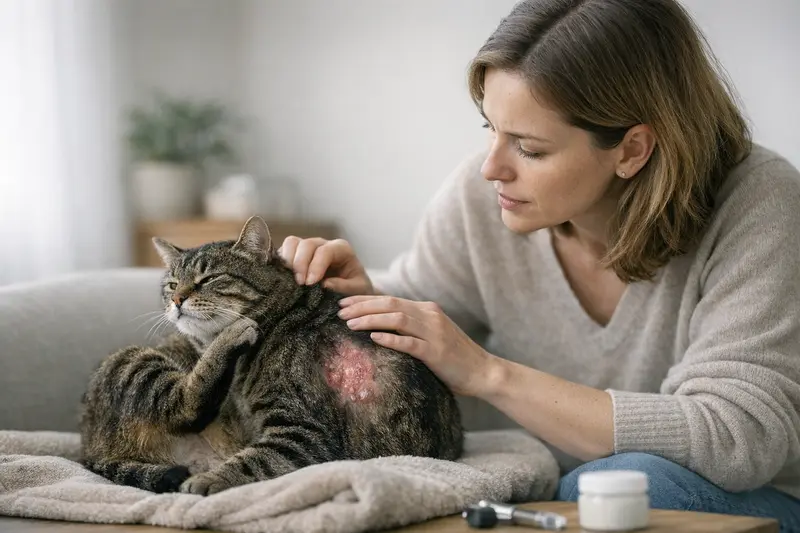 Eine Katze mit kahle Stellen und Rötungen auf dem Fell, die tierärztlich untersucht wird.