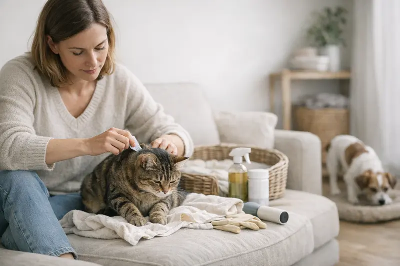 Eine Katze in einer Umgebung, die auf die Notwendigkeit von Flöhe- und Umgebungsschutz hinweist.