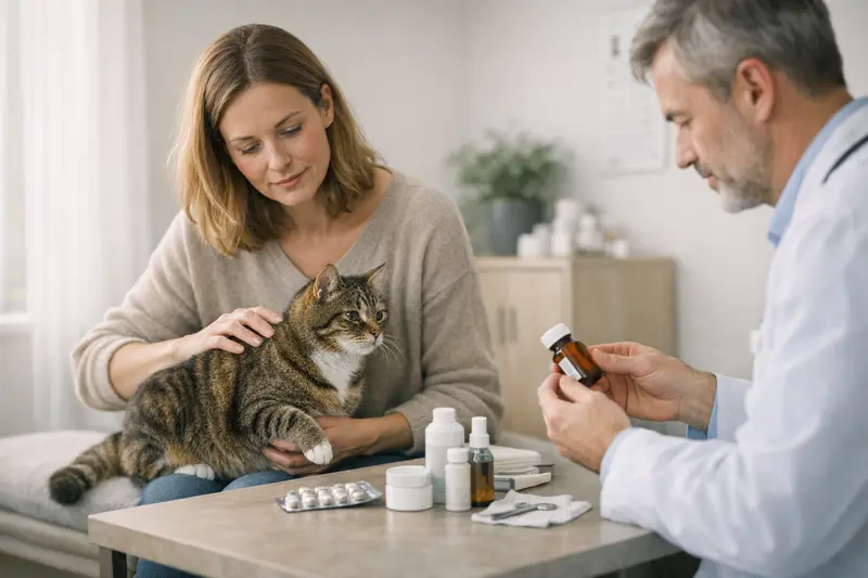 Eine Katze wird von einem Tierarzt untersucht, um die Notwendigkeit einer Flohbehandlung zu beurteilen.