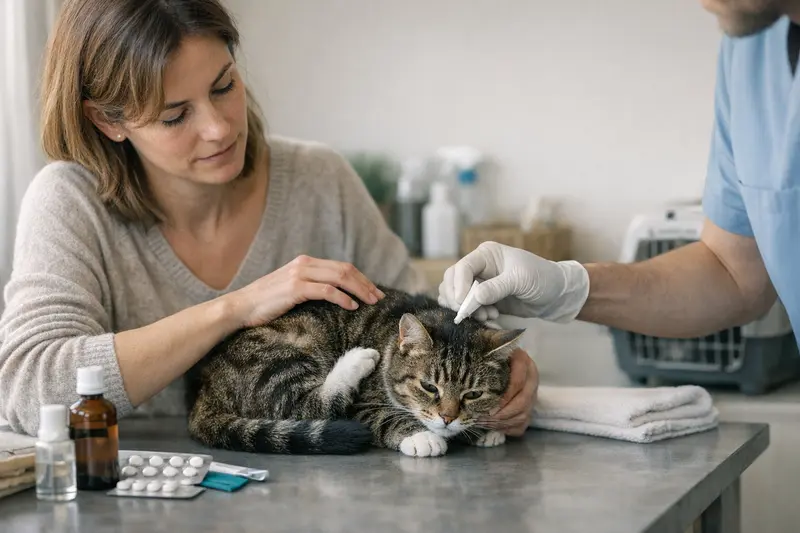 Kosten bei Flohbefall bei Katzen Katzenarzt mit einem Tierbesitzer erläutert die Kosten für Flohbehandlungen bei Katzen.