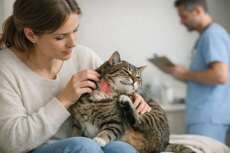 Eine Katze mit starkem Juckreiz untersucht von einer Tierärztin