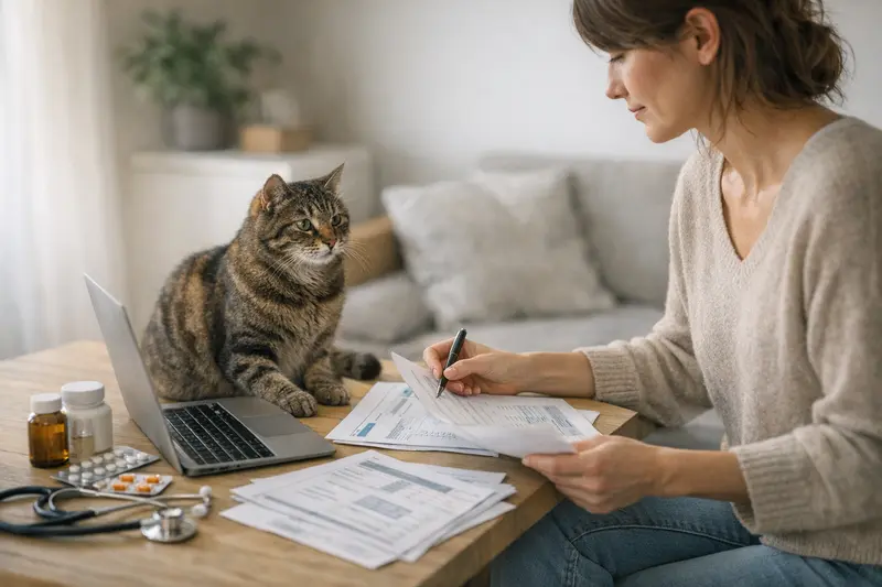 Tierarztuntersuchung einer Katze und Tarifvergleich Eine Katze wird beim Tierarzt untersucht, während der Besitzer Tarifvergleiche für die Versicherung durchführt.
