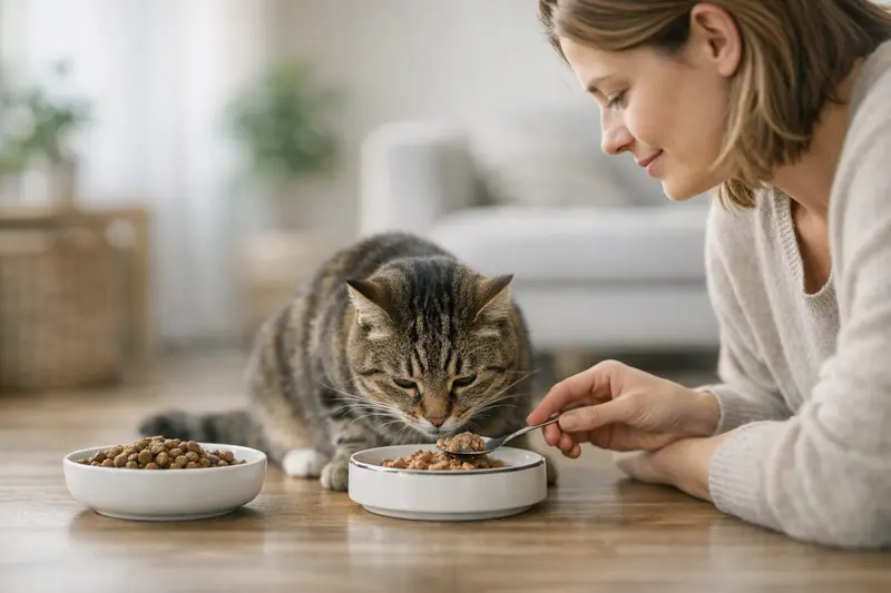 Mischfütterung bei Katzen Eine Katze genießt ihr Mischfutter aus Nass- und Trockenfutter in einem gefütterten Napf.