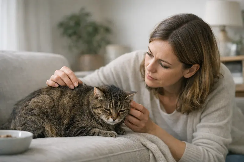 Katze und Futterverträglichkeit Eine gesunde Katze mit glänzendem Fell betrachtet ihr Futter.
