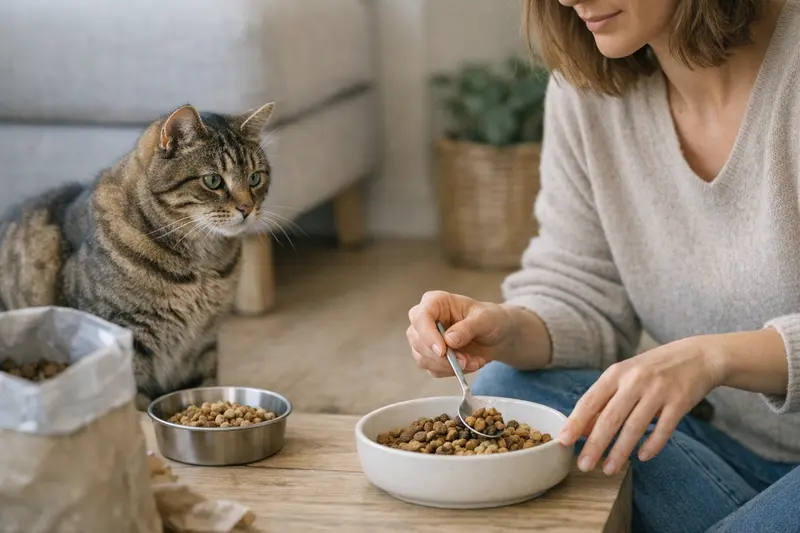 Futterumstellung bei Katzen Eine Katze wird schrittweise an neues Futter gewöhnt.
