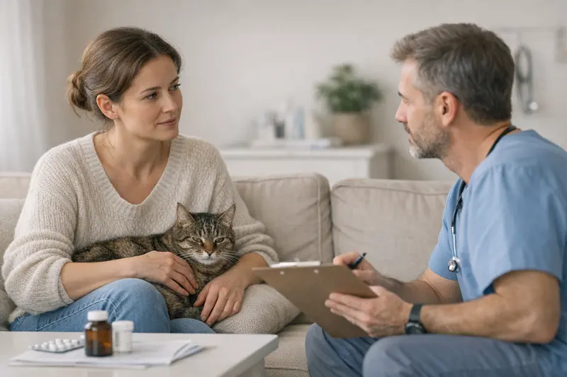 Eine Katze sitzt aufmerksam im Tierarztzimmer und wartet auf die Untersuchung.