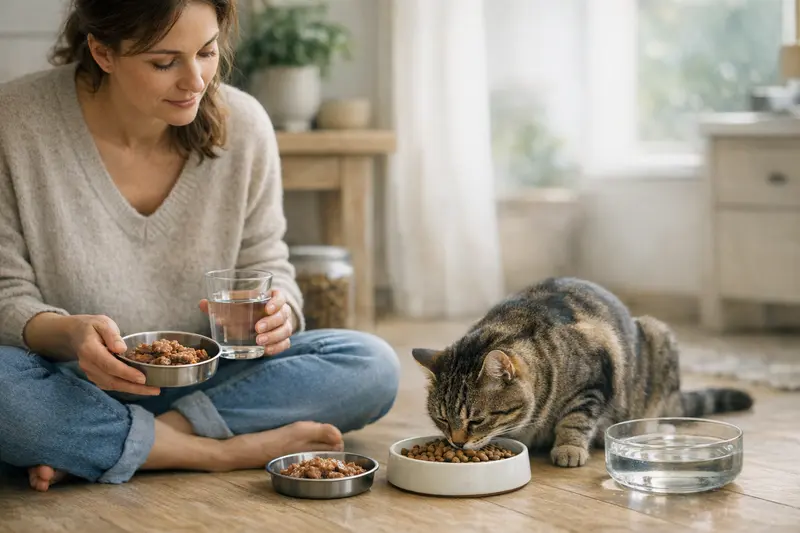Katze mit Nass- und Trockenfutter Eine Katze untersucht zwei Futterschalen mit Nass- und Trockenfutter auf einem Tisch.
