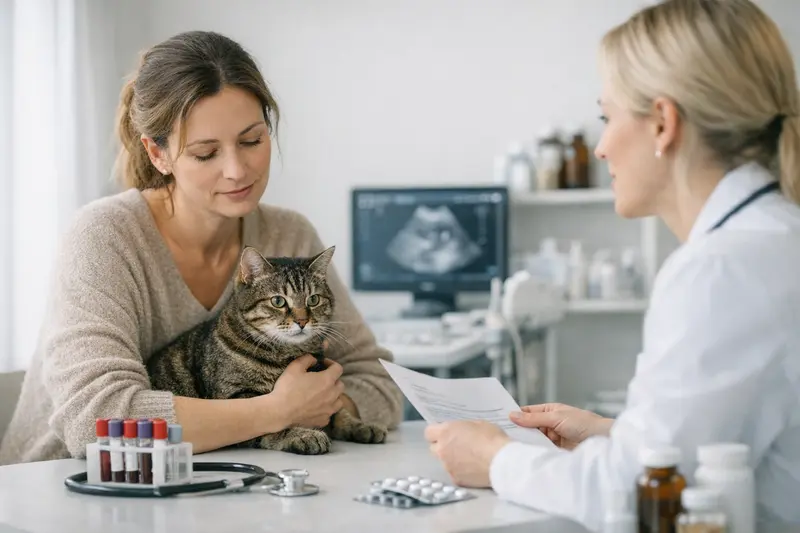Tierarztkosten bei Katzen mit Verdauungsproblemen Katzendoktor untersucht eine Katze mit Verdauungsproblemen in einer Praxis.