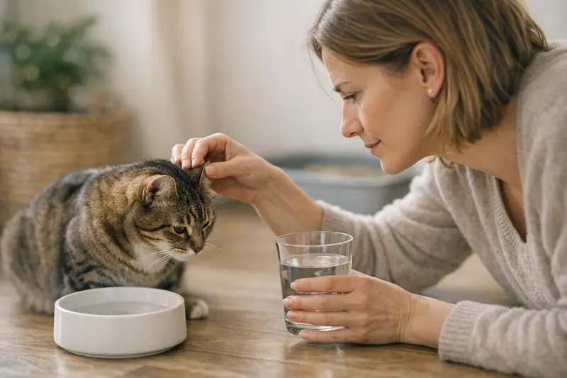 Katze trinkt zu wenig - Anzeichen erkennen Eine Katze trinkt aus einem Wassernapf, während im Hintergrund Merkmale von Dehydration sichtbar sind.