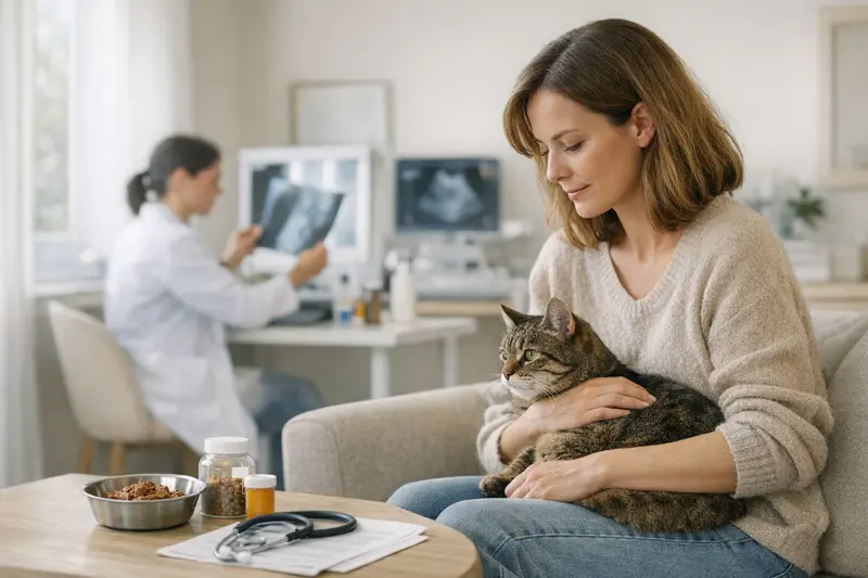 Eine Katze sitzt neben einer Schüssel mit Futter und schaut aufmerksam auf das Etikett, um die Inhaltsstoffe zu prüfen.