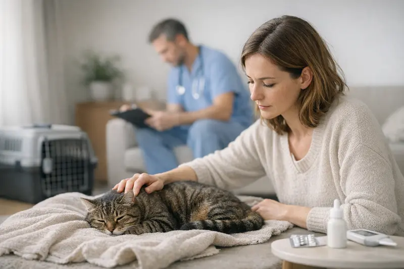 Katzenuntersuchung bei Verdauungsproblemen Eine ärztliche Untersuchung einer Katze bei Erbrechen und Durchfall zur Abklärung möglicher Ursachen.