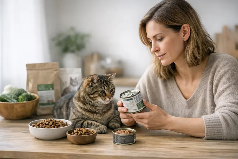 Eine schmackhafte Schale Bio-Katzenfutter auf einem sauberen Tisch.