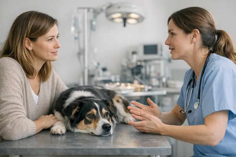 Ein Hund bei einer Tierarztuntersuchung zur OP-Vorbereitung zur Absicherung von Tierarztkosten.