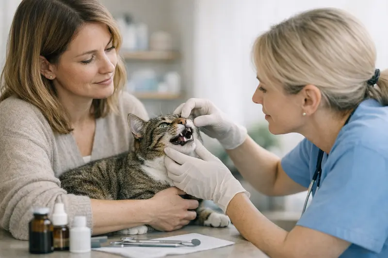 Zahnbehandlungen bei Katzen Tierarzt bei der Durchführung einer Zahnbehandlung an einer Katze.