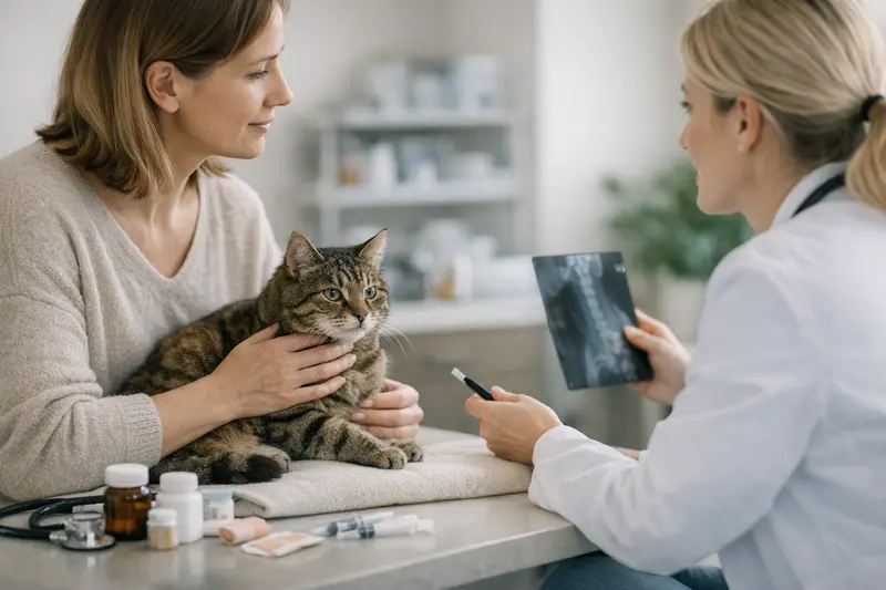 Katzenarztkosten und Versicherungsleistungen Ein Tierarzt untersucht eine Katze und erklärt die Versicherungsleistungen für Tierarztkosten.