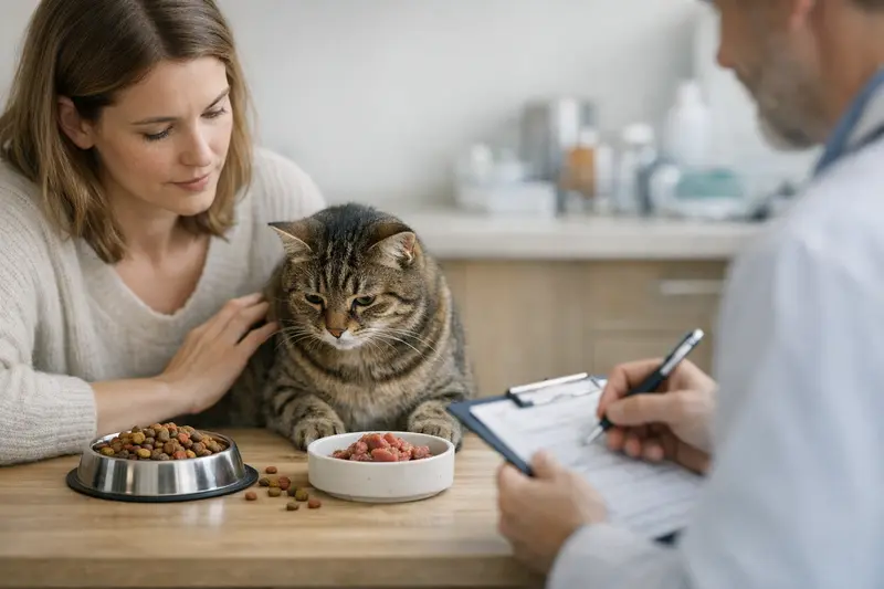 Eine Katze wird tierärztlich untersucht, während die Halterin besorgt zuschaut.