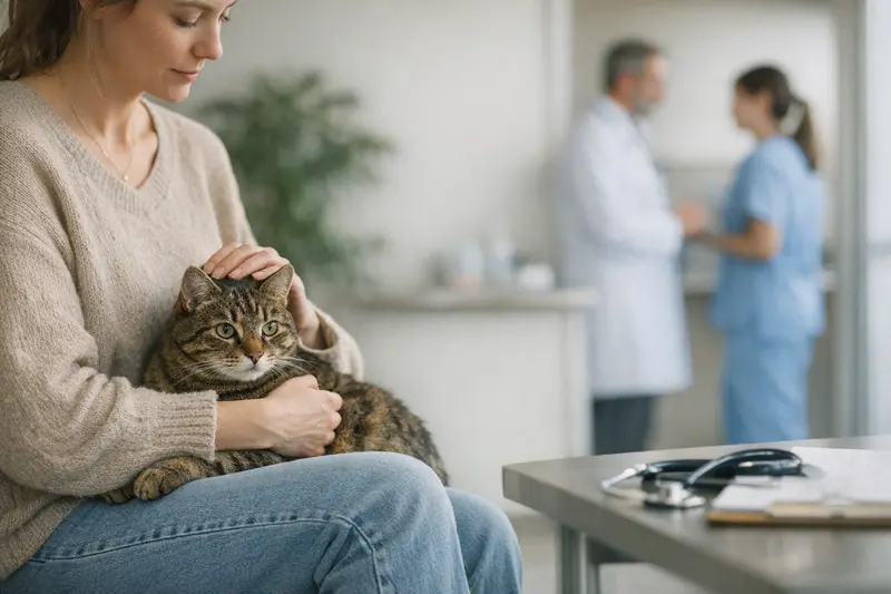 Katzengesundheit und Versicherungsschutz Eine Katze beim Tierarzt wird untersucht, während ein Besitzer sich über die sofortige Absicherung fragt.