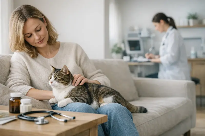 Katze beim Tierarzt Gesunde Katze beim Tierarzt zur Untersuchung nach einem operativen Eingriff.