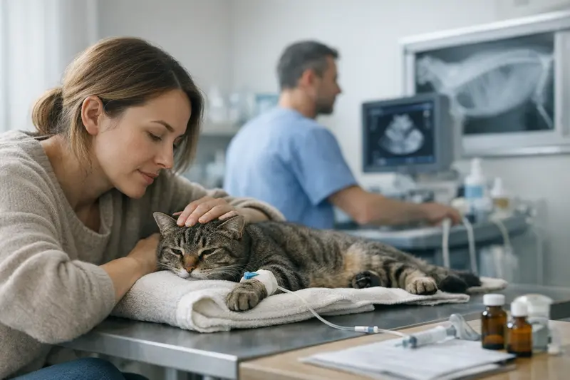 Tierarztbesuch wegen Magenproblemen bei Katzen Katzenarzt untersucht eine Katze mit Magenbeschwerden