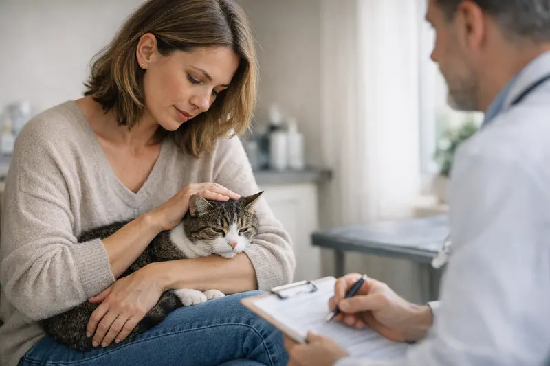 Eine Katze, die aufmerksam in eine Schüssel mit neuem Futter schaut, während der Halter besorgt neben ihr steht.