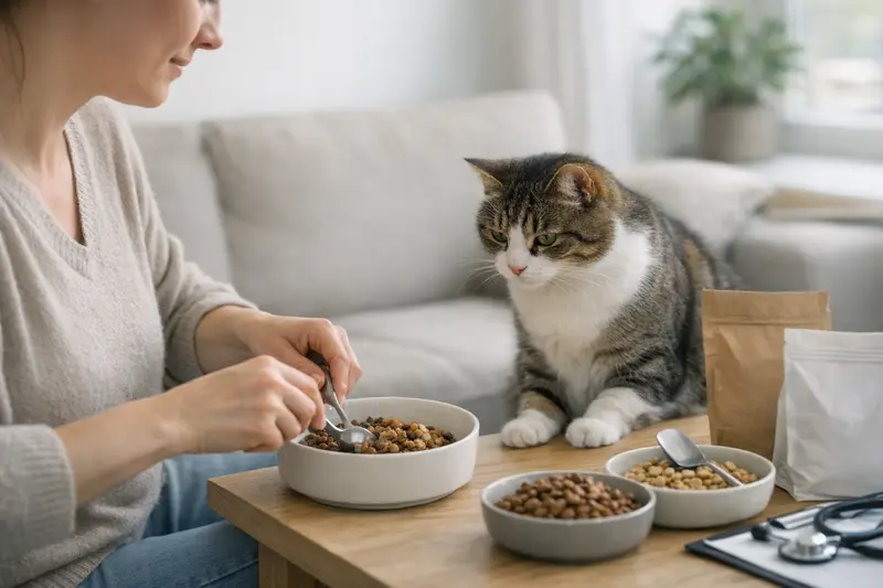 Eine Katze bei der Futterumstellung mit frischem Futter.