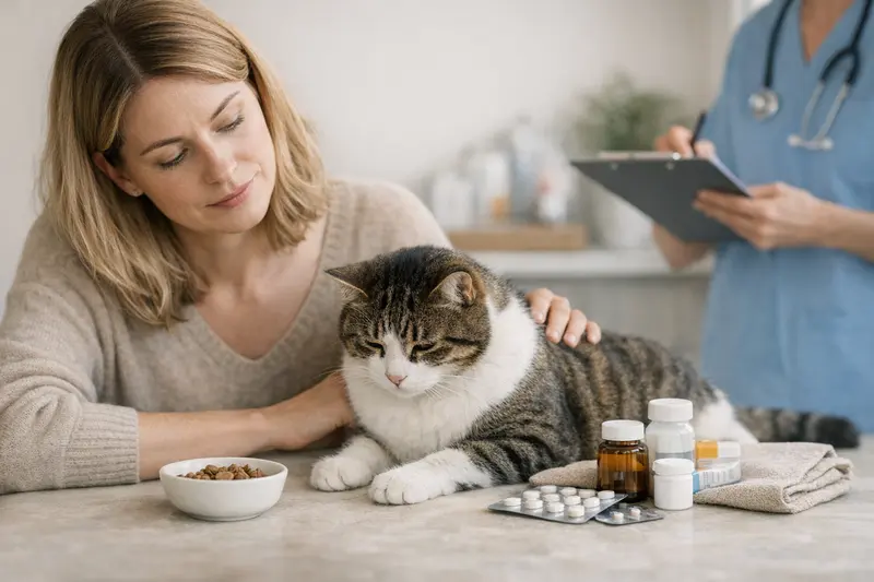 Katzen – Magenempfindlichkeit nach Snacks Katze, die nach dem Essen von Snacks eine verdächtige Magenreaktion zeigt.