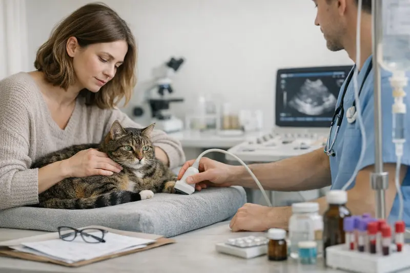 Tierarzt untersucht eine Katze, um die tierärztlichen Kosten zu ermitteln.