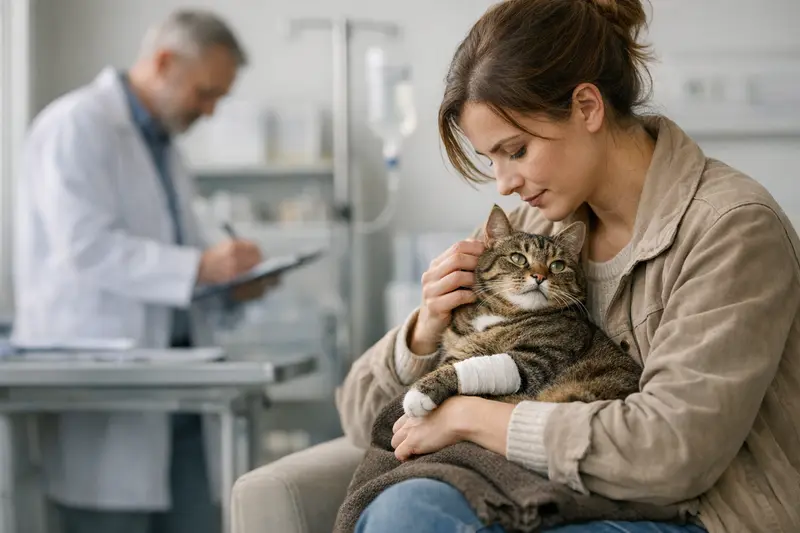 Katzenhalter beim Notdienst Eine besorgte Katzenbesitzerin zögert, während ihr Tier im Notdienst behandelt wird.