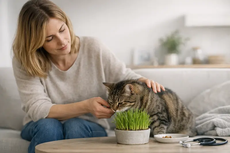 Wohnungskatze mit Katzengras Eine Wohnungskatze, die genüsslich an Katzengras knabbert, was ihre Gesundheit fördert.