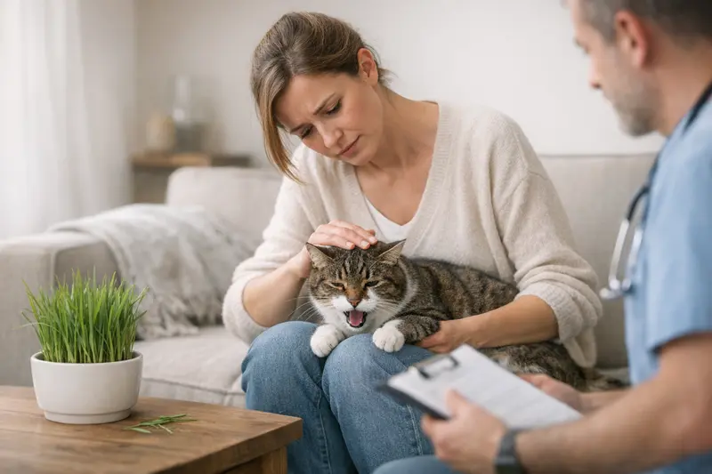 Katzengras und mögliche Gesundheitsrisiken für Katzen Eine Katze frisst Katzengras, während im Hintergrund ein Tierarzt über mögliche Risiken informiert.