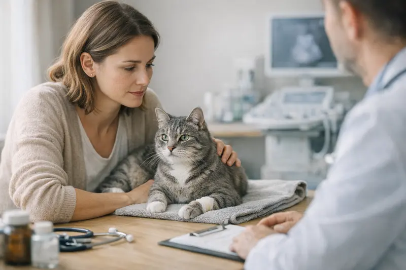 Katzenversicherung und Tierarztkosten Eine Katze bekommt beim Tierarzt Behandlung zur Gesundheitsvorsorge.