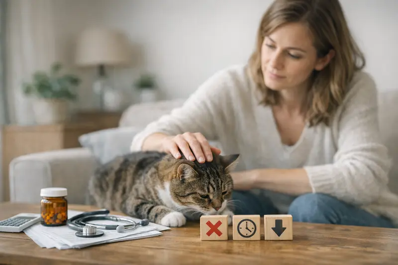 Typische Ausschlüsse bei Tierversicherungen Eine Katze sitzt auf einem Tisch und betrachtet einen Laptop, während ein Mensch neben ihr notiert.