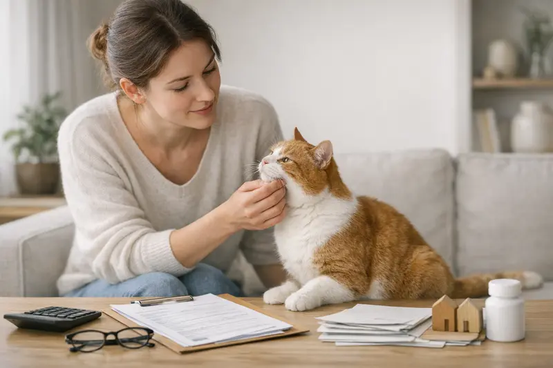 Tierarztbesuch mit Katze zum Thema Krankenversicherung Eine Katze besucht einen Tierarzt für eine Untersuchung der Gesundheit und Absicherungskosten.