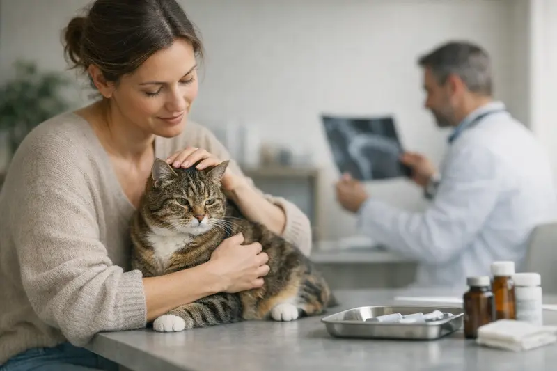 Katzengesundheit und Versicherungsinformationen Eine Katze sitzt entspannt auf einer Haustierarznei, während der Halter Informationen zur Katzenversicherung durchliest.