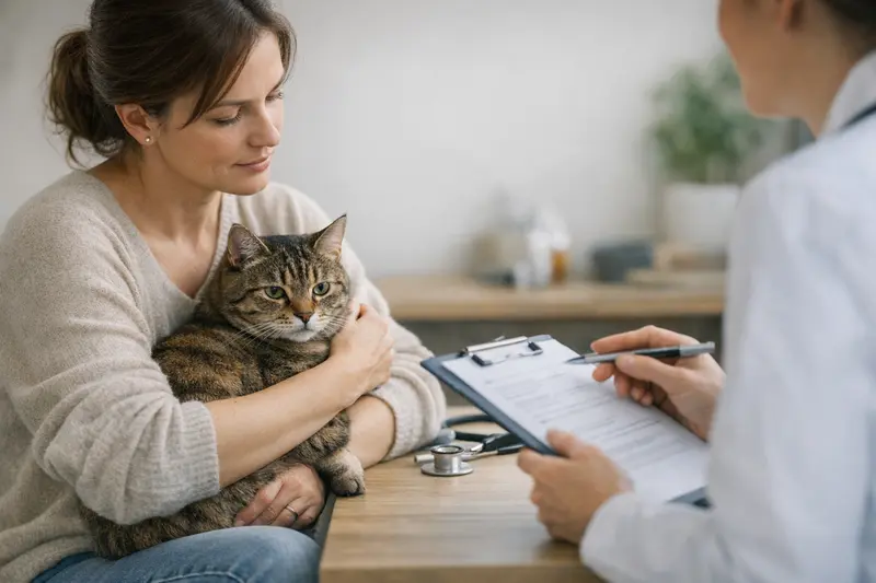Vorerkrankungen bei Katzenversicherung Katzenbesitzer hält Tierarztkosten in der Hand, um über Vorerkrankungen nachzudenken.