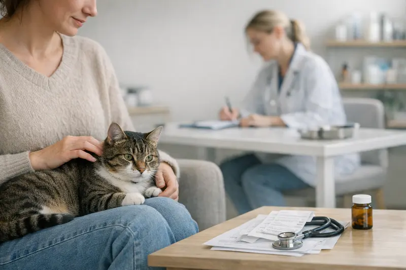 Tierarztbesuch Katze Eine Katze beim Tierarzt zur Untersuchung von häufigen Gesundheitsproblemen, relevant für Katzenkrankenversicherungen.