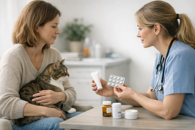 Tierarztberatung zur Katzenkrankenversicherung Tierarzt untersucht eine Katze auf Allergien und Entzündungen.