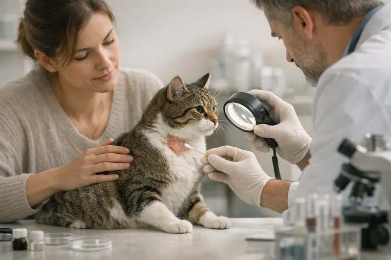 Diagnostik bei Hautproblemen bei Katzen Tierarzt untersucht eine Katze mit Hautproblemen anhand von diagnostischen Tests.