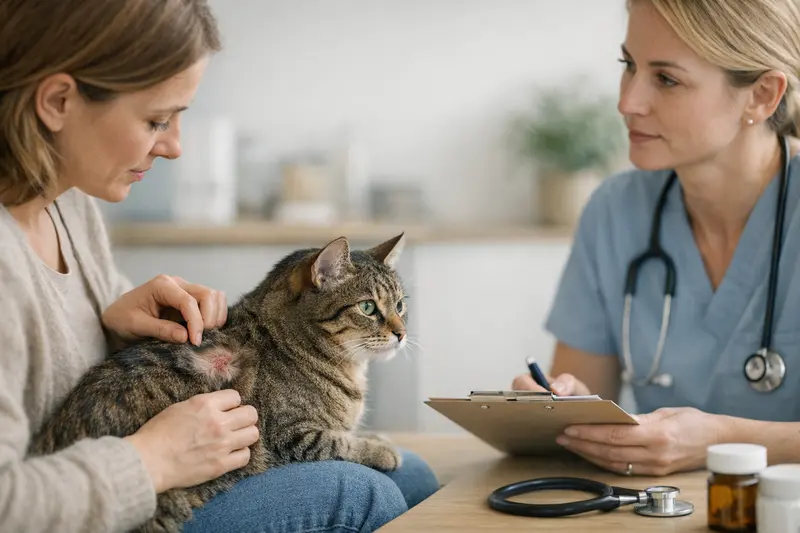 Katzenarztbesuch bei Hautproblemen Eine Katze wird beim Tierarzt untersucht, um Hautprobleme zu klären.