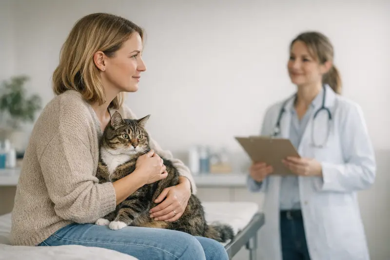 Ein zufriedenes Katzenpaar beim Tierarzt, Symbol für Vorsorge in der Katzenversicherung.