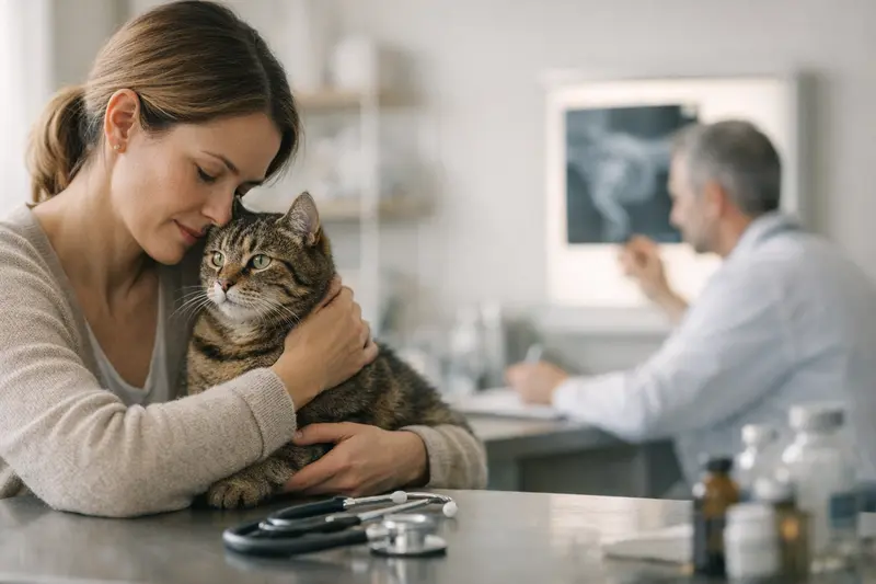 Diagnostik bei Katzenversicherungen Eine Katze beim Tierarzt während einer diagnostischen Untersuchung zur Feststellung von Gesundheitsproblemen.