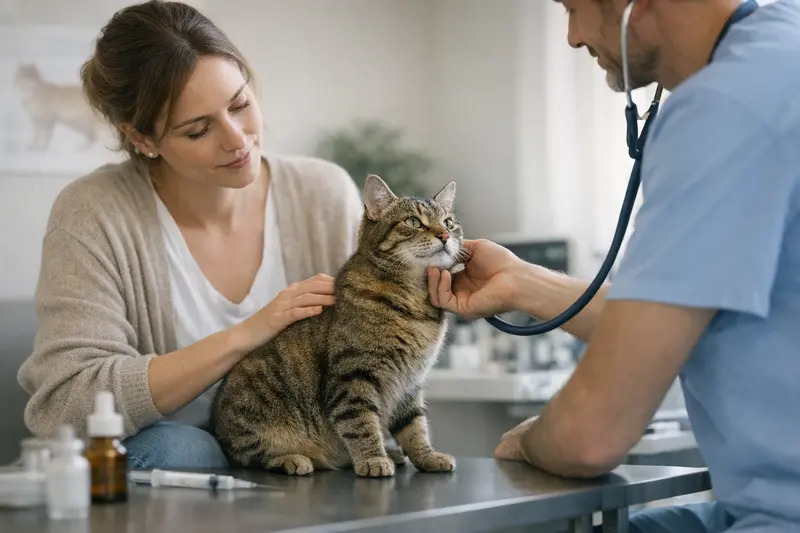 Eine Katze beim Tierarzt zur Vorsorgeuntersuchung, um ihre Gesundheit zu überprüfen.