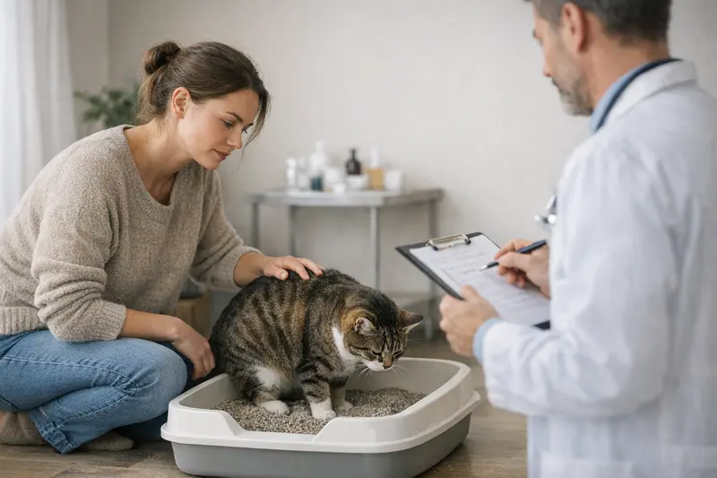 Eine besorgte Katze steht vor einer schmutzigen Katzentoilette, was auf Probleme mit der Sauberkeit hindeutet.